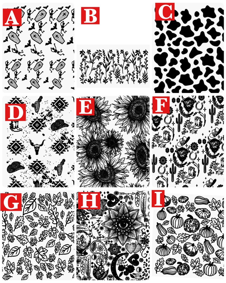 Puede incluir: Se muestran nueve patrones diferentes en blanco y negro. Los patrones incluyen un tema de Halloween con esqueletos y ata&uacute;des, dise&ntilde;os florales, manchas de vaca, girasoles, un tema del oeste, hojas y calabazas. Cada patr&oacute;n es &uacute;nico.