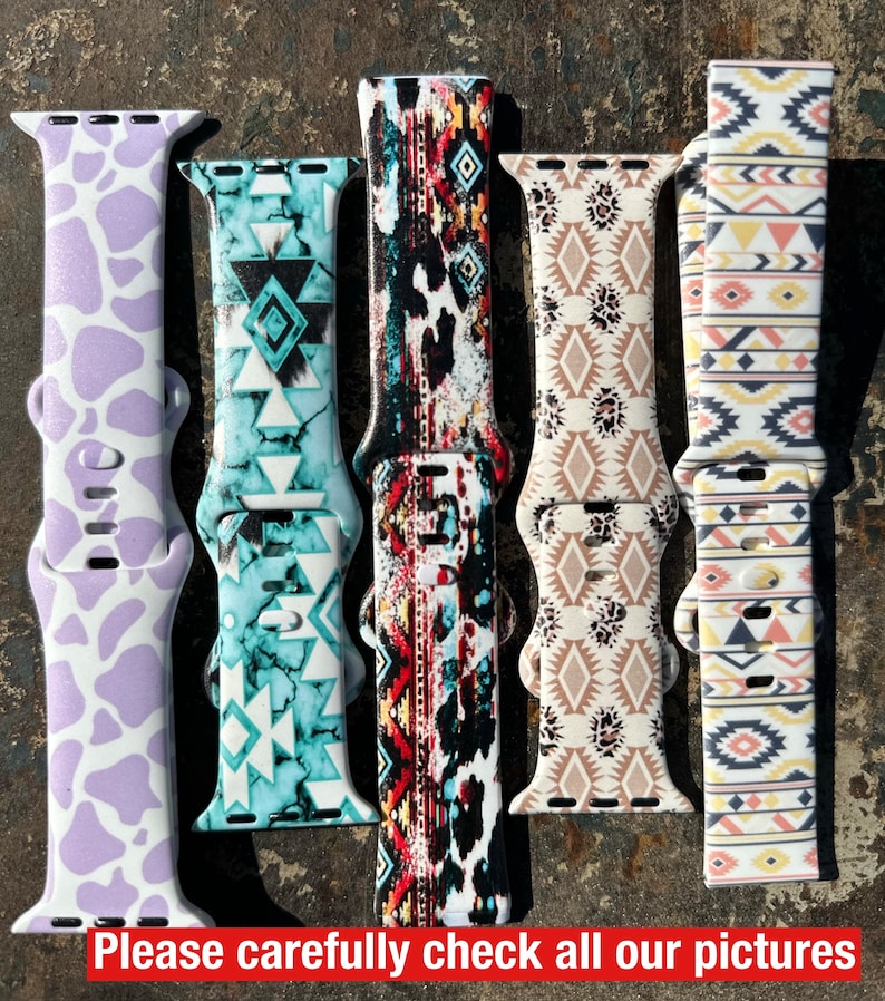 May include: An assortment of patterned watch straps. Designs include a lavender cow print, turquoise geometric shapes, and a black, red, and white tribal pattern. The text at the bottom reads "Please carefully check all our pictures."