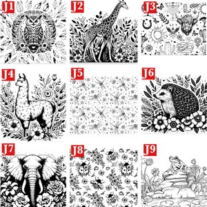 May include: A collection of nine black and white line art illustrations featuring various animals and nature motifs, including an owl, giraffe, highland cow, llama, dragonfly pattern, hedgehog, elephant, ladybug pattern, and a frog on a rock.