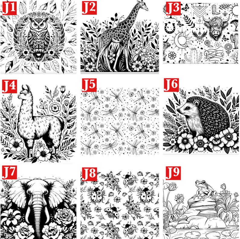 May include: A collection of nine black and white line art illustrations featuring various animals and nature motifs, including an owl, giraffe, highland cow, llama, dragonfly pattern, hedgehog, elephant, ladybug pattern, and a frog on a rock.