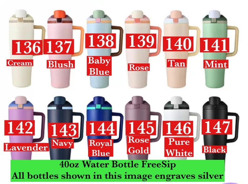 Puede incluir: Colecci&oacute;n de botellas de agua FreeSip de 40 oz (aproximadamente 1,18L) en crema, rosa, azul beb&eacute;, rosa, beige, menta, lavanda, azul marino, azul real, oro rosa, blanco puro y negro. Cada botella tiene un asa y grabado plateado.
