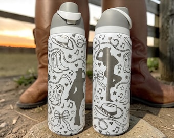 Cowgirl Owala Water Bottle, Western Engraved Tumbler, 32oz Cowboy Boots & Hat Design, Country Girl Gift, Rodeo Gift, Western Cowgirl Bottle