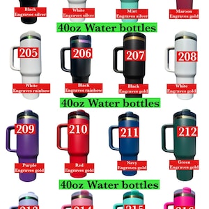 Puede incluir: Una colecci&oacute;n de botellas de agua de 40 oz en varios colores, incluyendo negro, blanco, menta, granate, morado, rojo, azul marino, verde, rosa claro y rosa intenso. Cada botella tiene un asa y una tapa. El texto de la imagen dice "40oz Water bottles".