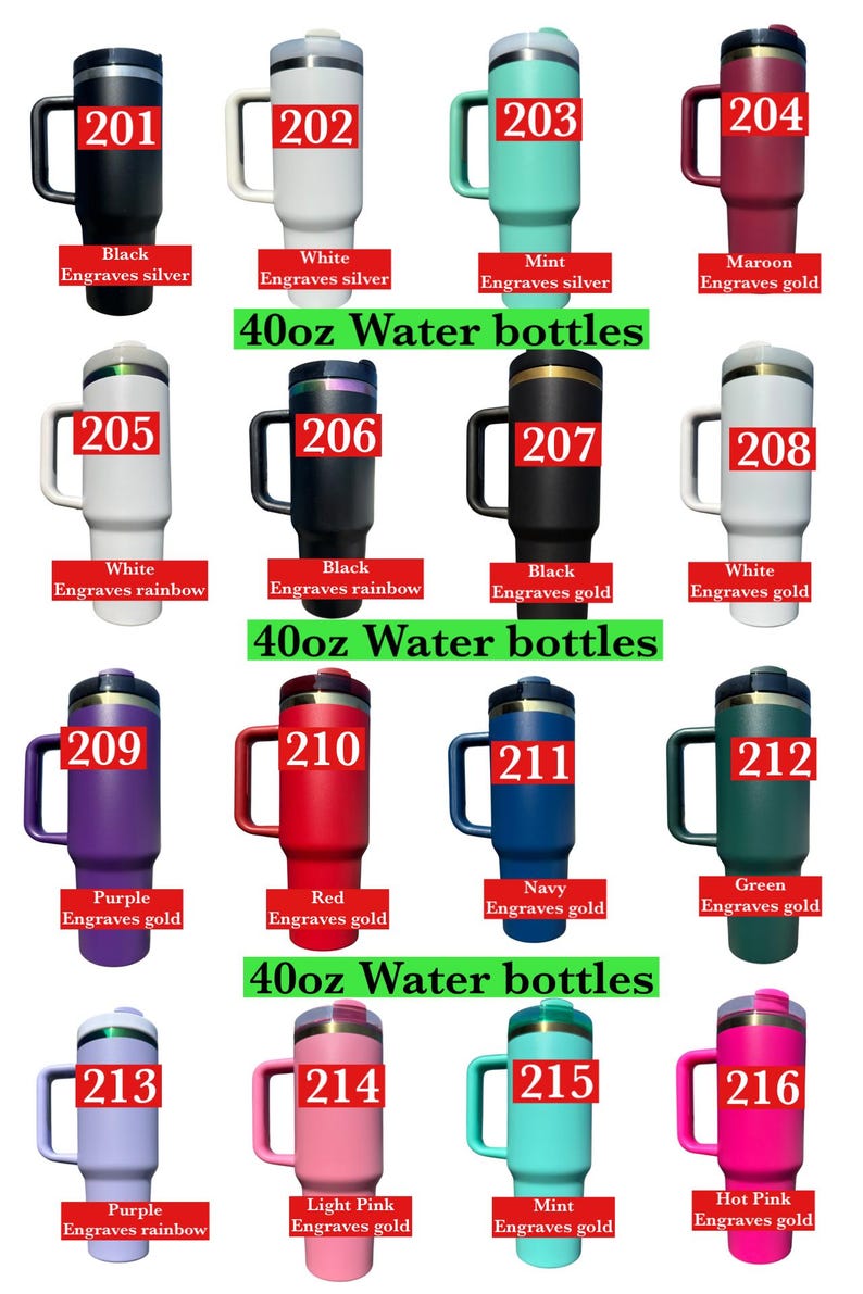 Puede incluir: Una colecci&oacute;n de botellas de agua de 40 oz en varios colores, incluyendo negro, blanco, menta, granate, morado, rojo, azul marino, verde, rosa claro y rosa intenso. Cada botella tiene un asa y una tapa. El texto de la imagen dice "40oz Water bottles".