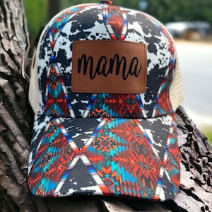 Mama Hat|Gift for Mama|Mother&#39;s Day gift|Mama ponytail hat|Gift for her|Brown and black leopard hat|leather patch hat|hat|Cowhide print hat|