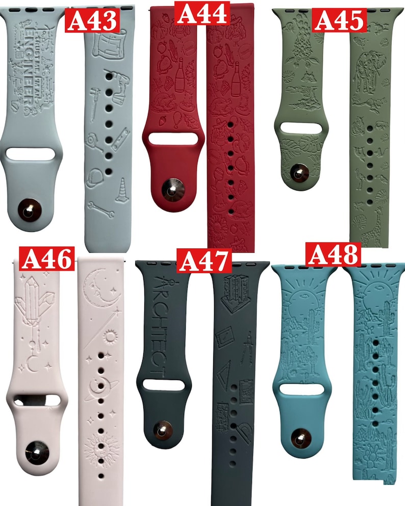 May include: A collection of silicone watch bands in various colors, each featuring unique embossed designs. The bands include themes like engineering tools, food and drink, animals, celestial patterns, and architectural elements. The bands are designed to fit smartwatches.