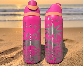 Personalized Flamingo Owala Water Bottle, Engraved Tropical Beach Tumbler, Custom Name Owala, Palm Tree Floral Cup, Flamingo Gift for Women