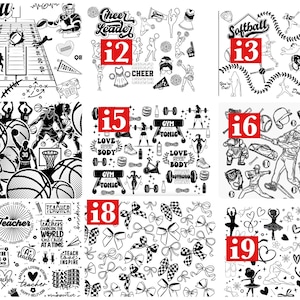 May include: Black and white illustrations of football, cheerleading, softball, basketball, gym, baseball, teachers, bows, and ballet. Each image has a number in a red square.
