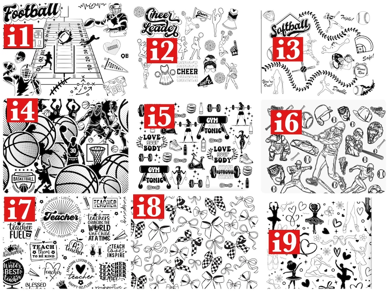 May include: Black and white illustrations of football, cheerleading, softball, basketball, gym, baseball, teachers, bows, and ballet. Each image has a number in a red square.