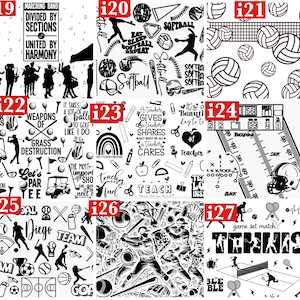 May include: A collection of black and white sports-themed designs. Includes illustrations of softball, volleyball, golf, baseball, basketball, and tennis. Some designs feature text like "Softball," "Team," and "Tennis."