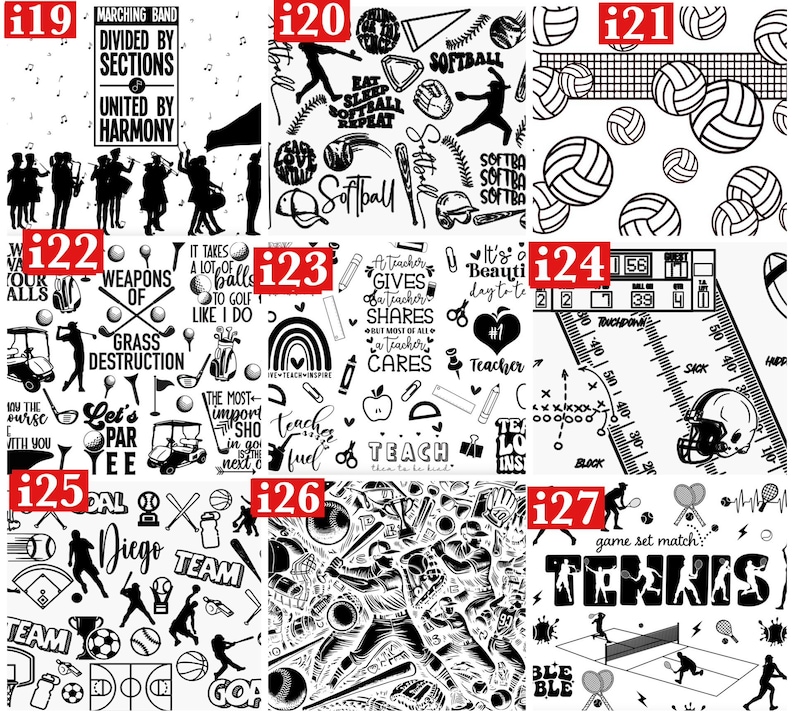 May include: A collection of black and white sports-themed designs. Includes illustrations of softball, volleyball, golf, baseball, basketball, and tennis. Some designs feature text like "Softball," "Team," and "Tennis."