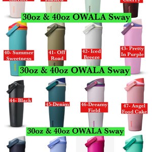 Pode incluir: Uma cole&ccedil;&atilde;o de garrafas de &aacute;gua Owala Sway nos tamanhos 30oz e 40oz, exibidas em dezasseis combina&ccedil;&otilde;es de cores distintas, incluindo Sparkling Sherbet, Lightly Toasted, Eucalyptus, Black Cherry, Summer Sweetness, Off Road, Iced Breeze e Pretty In Purple.