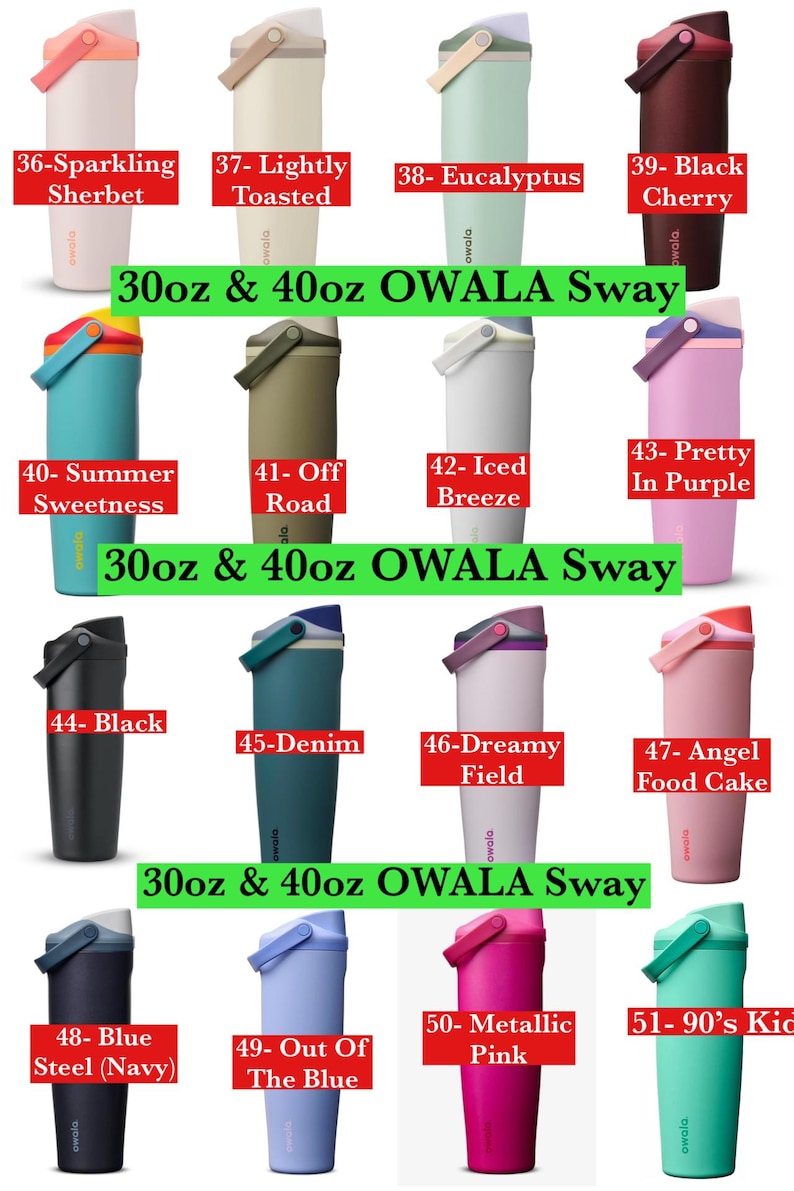 Pode incluir: Uma cole&ccedil;&atilde;o de garrafas de &aacute;gua Owala Sway nos tamanhos 30oz e 40oz, exibidas em dezasseis combina&ccedil;&otilde;es de cores distintas, incluindo Sparkling Sherbet, Lightly Toasted, Eucalyptus, Black Cherry, Summer Sweetness, Off Road, Iced Breeze e Pretty In Purple.