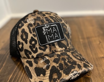 Mama Hat|Gift for Mama|Mother's Day gift|Mama ponytail hat|Gift for her|Brown and black leopard hat|leather patch hat|hat|Cheetah print hat|