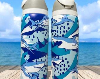 Copo de tubarão de 32 oz • Copo de tubarão personalizado • Aço inoxidável isolado • Presente para amantes de tubarões • Copos de praia do oceano • Caneca de viagem para amantes de tubarões
