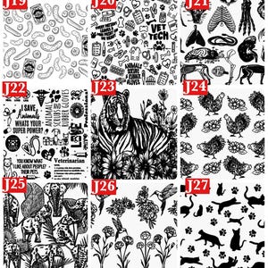 Op de afbeelding: Een verzameling zwart-witte patronen. De patronen omvatten augurken en potten, veterinaire gereedschappen, dierenanatomie, kippen en bloemen, een tijger, olifanten, kolibries en katten.
