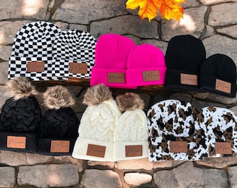 Kids beanie|Kids name beanie|Infant beanie|Baby beanie|Baby name beanie|Kids winter hat|leather patch beanie|Infant name beanie|Kids hat