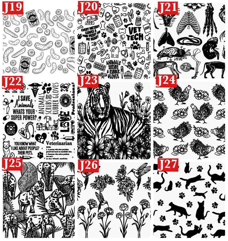 May include: A grid of nine distinct black and white patterned sheets labeled J19 through J27. Designs include pickles, veterinary icons, anatomical skeletons, animal rescue quotes, a tiger, chickens, elephants, hummingbirds, and cat silhouettes.