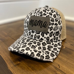 Mama Hat|Gift for Mama|Mother&#39;s Day gift|Mama ponytail hat|Gift for her|Gray leopard hat|leather patch hat|hat|Cheetah print hat|Hat GrP