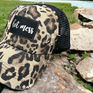 Hot mess hat|Hat for hot mess girl|Girl with an attitude|Leopard hat|Hat with patch|Ponytail hat|Leather patch hat|Messy bun hat|Hat RBlP