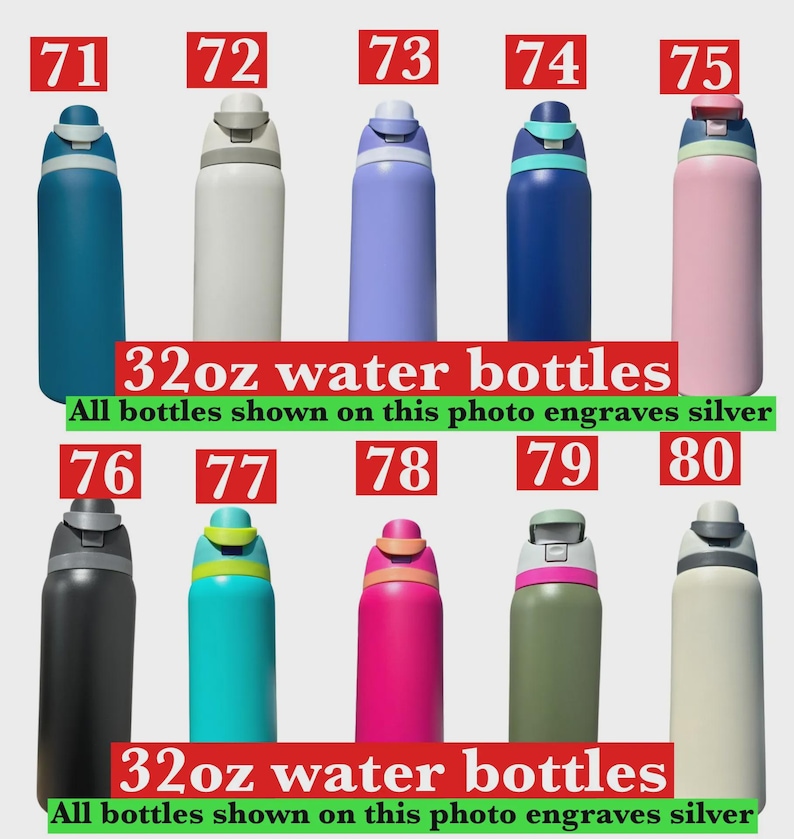 Puede incluir: Una colecci&oacute;n de diez botellas de agua de 946 ml en varios colores, incluyendo azul, blanco, morado, azul marino y rosa. Cada botella tiene una tapa a juego y se muestra sobre un fondo claro. El texto indica que todas las botellas graban en plata.