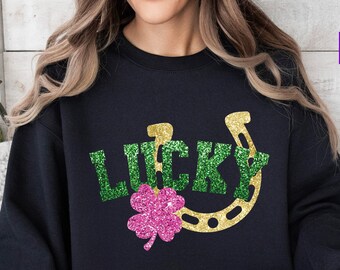 St. Patrick's Day Lucky Sweatshirt, Faux Glitter Sequin Design, Lucky Irish Shirt, Irish Crewneck, Women Glitter Patrick's Day Sweatshirt
