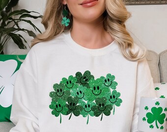 St Patrick’s Day Shamrock Sparkly Face Shirt, Lucky Irish Faux Sequin Shirt, St. Patrick's Day Shirt, St. Patty's Day Shirt, Clover Shirt