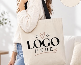 Custom Logo Canvas Tote Bag with Contrast Color Handles, Personalized Canvas Bags for Business, Large Shopping Bag, Event, Wedding Gifts