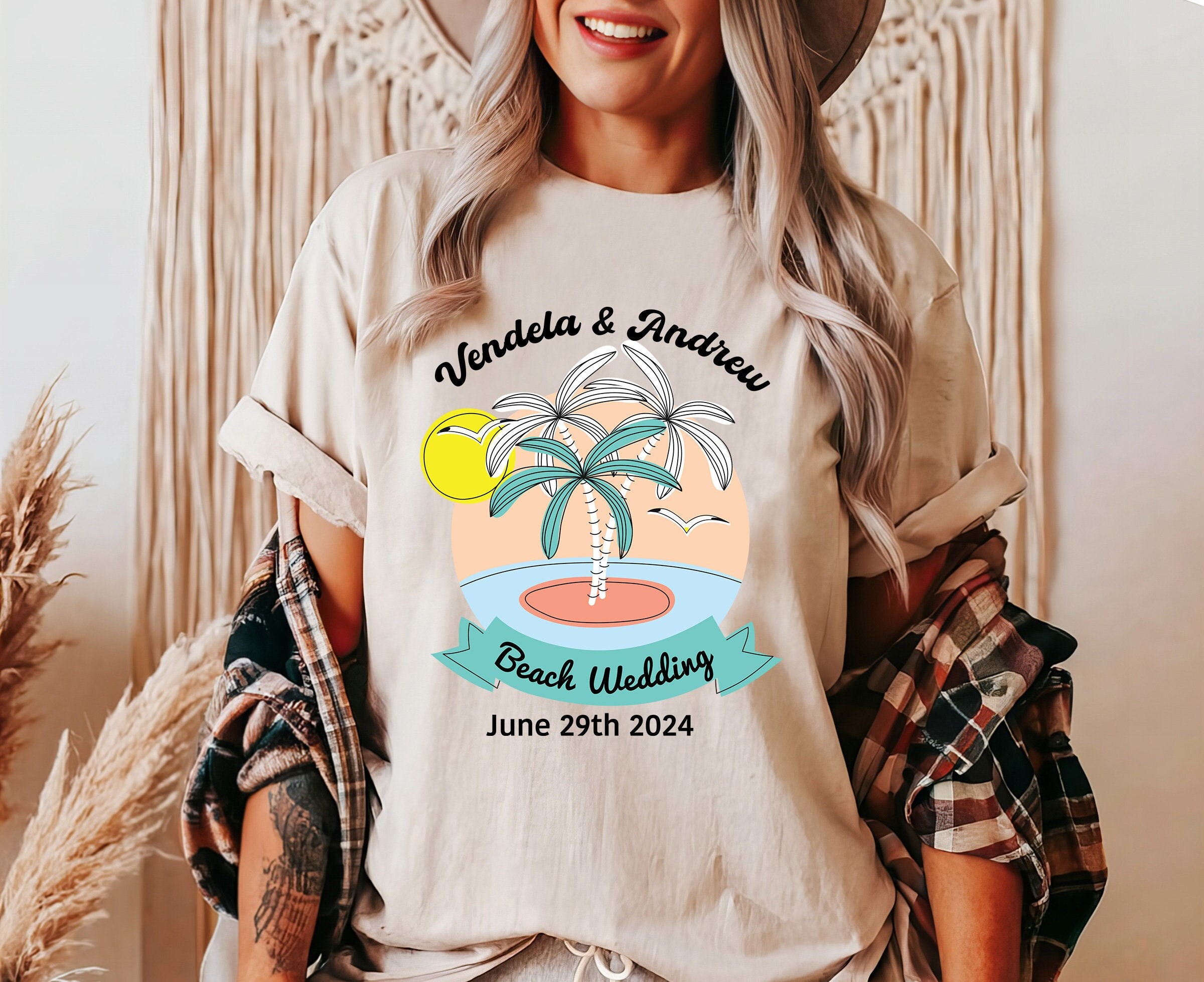 Personalized Beach Wedding Palm Tree Shirt, Custom Bride Groom Name Shirt, Tropical Destination Wedding Tee, Summer Wedding Party Outfit