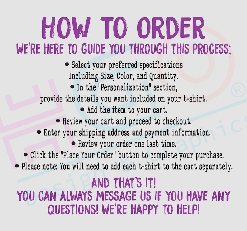 May include: A light grey graphic with purple text that reads "HOW TO ORDER". Below the title are instructions on how to order, including selecting specifications, adding to cart, and reviewing the order. The text ends with "AND THAT'S IT!"
