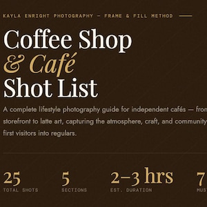 May include: A brown graphic with the text "Coffee Shop & Café Shot List" in white and gold. The graphic also includes the text "25 Total Shots," "5 Sections," "2-3 hrs Est. Duration," and "7 Must-Have."