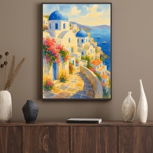 Santorini Greece Wall Art | Mediterranean Coastal Painting | Blue Dome Church Landscape Print | Greek Island Travel Decor
