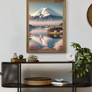 Serenity of Mount Fuji – Japanese Mountain Landscape Wall Art | Tranquil Lake Print | Cherry Blossom Nature Artwork | Modern Japandi Decor