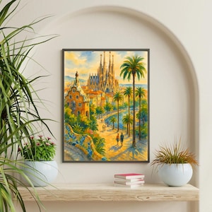 Barcelona Wall Art Print | Sagrada Familia & Park Güell Artwork | Spain Travel Poster | Mediterranean Decor | Barcelona Cityscape Painting