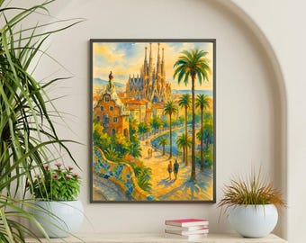 Barcelona Wall Art Print | Sagrada Familia & Park Güell Artwork | Spain Travel Poster | Mediterranean Decor | Barcelona Cityscape Painting