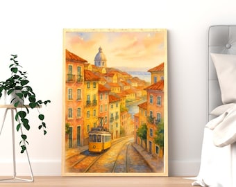 Muurkunstdruk tram Lissabon | Reisposter Portugal | Geel tramkunstwerk | Schilderij van Europees stadsgezicht | Vintage reiswanddecoratie | Lissabon
