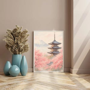 Cherry Blossom Wall Art | Japanese Pagoda Print | Mount Fuji Poster | Sakura Flower Decor | Asian Landscape Painting | Zen Home Print
