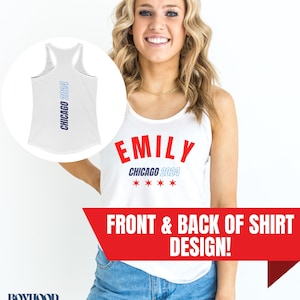 May include: White tank top with the text "EMILY CHICAGO 2024" in red and blue on the front and "CHICAGO 2024" vertically on the back.