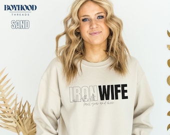 IRON Wife Triathlon Sweatshirt Spouse Triathlon Support Crewneck Funny Triathlon top Wife TRI Cheer Crew Outfit for Wife to wear race day