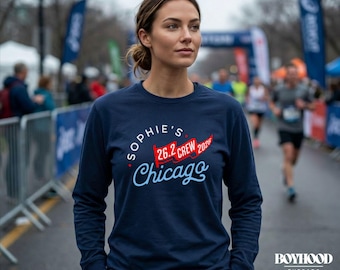 Camiseta de manga larga personalizada del equipo de apoyo para la carrera de Chicago / Nombre del corredor y fecha de la carrera personalizados / Equipo de animación de la maratón de la Ciudad de los Vientos / Regalo para corredores