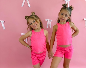 Conjunto deportivo para niñas, conjunto de verano para niñas, conjunto rosa para niñas, conjunto de gemas para niñas
