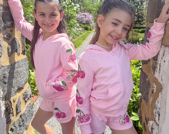 Conjunto de verano para niñas, ropa de niña, campamento, conjunto de cerezas, conjunto corto para niñas