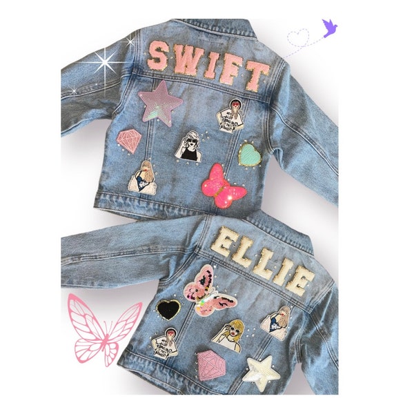 Meisjes Swiftie denim patch Jean jas, Swift jas, Swiftie jas, meisjes chenille patch jas, kinderen aangepaste Jean jas, ijzeren patch jas