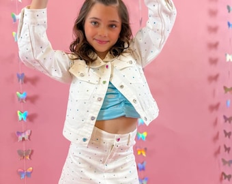 Conjunto vaquero para niñas, atuendo para fiesta de cumpleaños de niñas, chaqueta vaquera para niñas, chaqueta vaquera para niñas pequeñas, conjunto para niñas pequeñas, conjunto para niñas