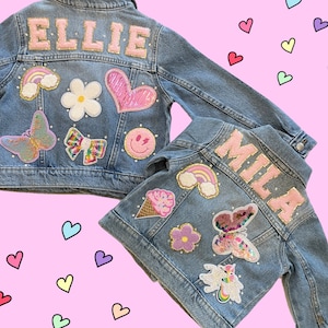 Chaqueta vaquera con parche de mezclilla para niñas, chaqueta vaquera con nombre para niñas, chaqueta con parche de chenilla para niñas, chaqueta vaquera personalizada para niños, chaqueta vaquera con parche de hierro,