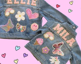 Girls denim patch jean jacket, girls jean jacket with name, girls chenille patch jacket, kids custom jean jacket, iron patch jean jacket,