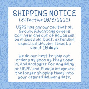 May include: A white square sign with a light blue patterned border featuring dark blue text that reads: SHIPPING NOTICE (Effective 10/3/2026). USPS has announced that all Ground Advantage orders coming in and out of Hawaii will be shipped via boat.