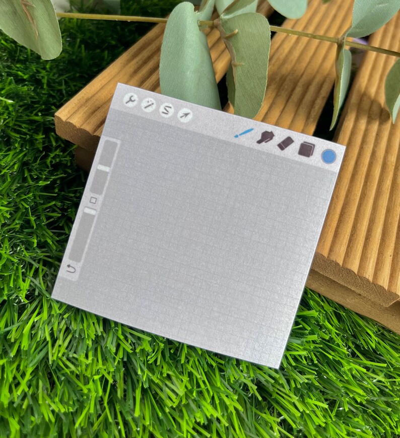 May include: A square sticky note featuring a light gray grid pattern and a digital interface design. The top toolbar displays icons for tools like a wrench, brush, and eraser, while the left side includes a vertical slider and an undo arrow icon.