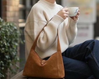 Brown Suede Shoulder Bag Soft Cowhide Leather Handbag for Women Suede Purse Everyday Use