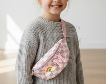 Personalized Kids Chenille Patch Fanny Pack — Custom Name Pink Plaid Girls Purse, Kid Gift
